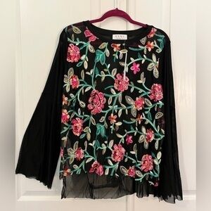 ELVI 12(US) Sheer Mesh Floral Embroidered Bell-Sleeve Top
